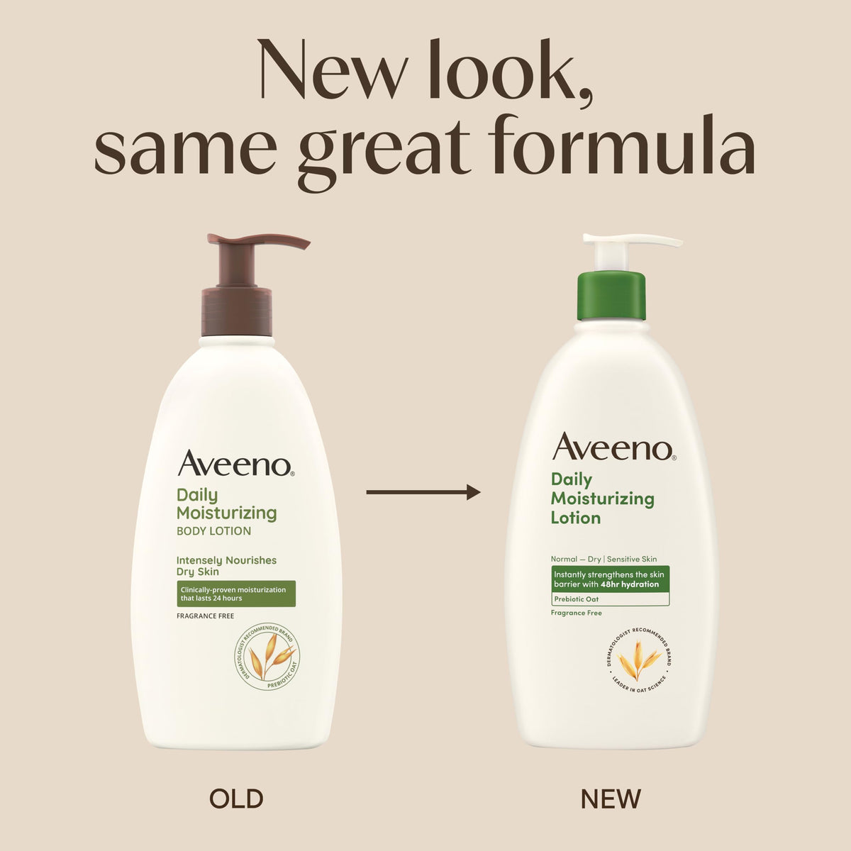 Aveeno pump dispensing lotion showing easy one-handed application benefit