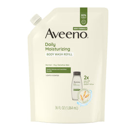Aveeno refill pouch front view showing label and size benefiting easy refills