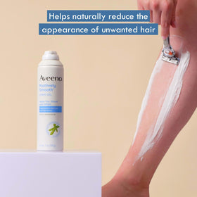 Aveeno shaving in bathroom setting illustrating quick, comfortable shave routine and less irritation