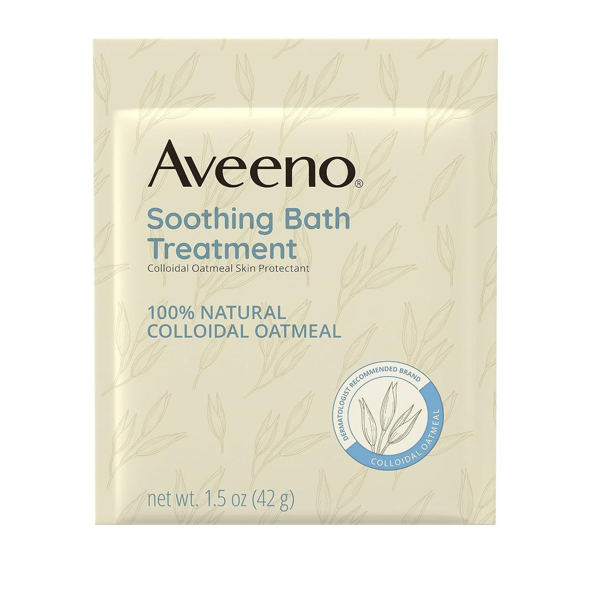 Aveeno single packet close-up emphasizing convenient single-use dosing