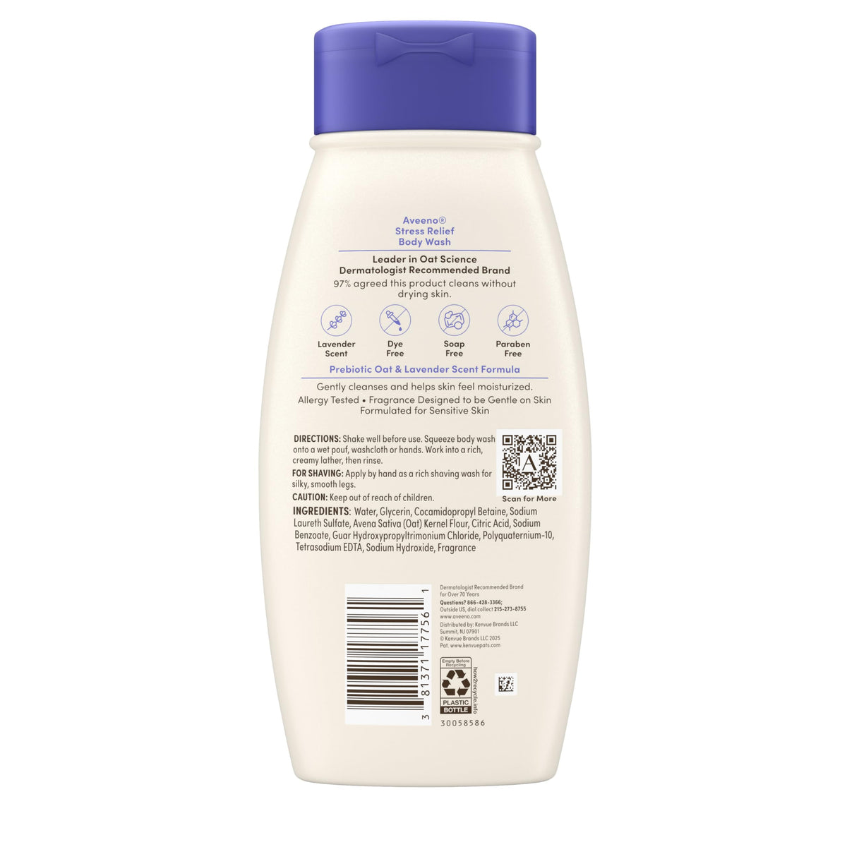Aveeno bottle beside ruler showing 18 fl oz size and recycled plastic symbol, emphasizes eco packaging
