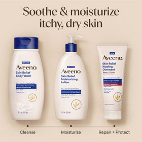 Aveeno 8 oz bottle held in hand showing scale and convenient travel size