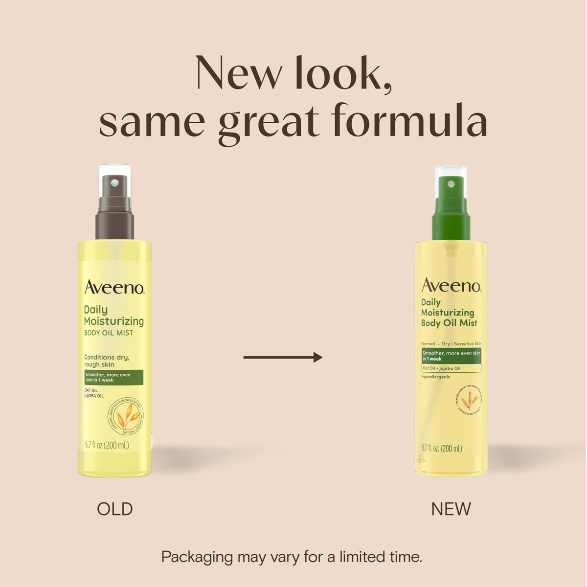 Aveeno spray closeup demonstrating even mist for quick, non-greasy absorption