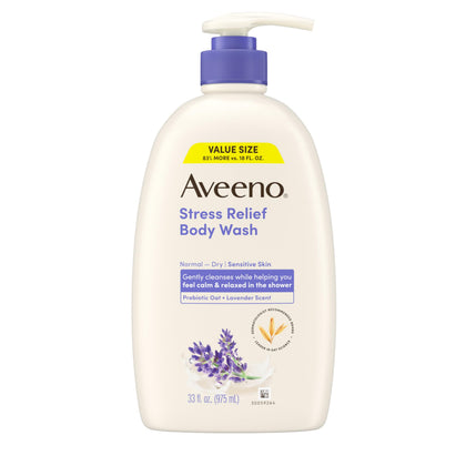 Aveeno front packaging showing bottle and calming lavender scent benefit