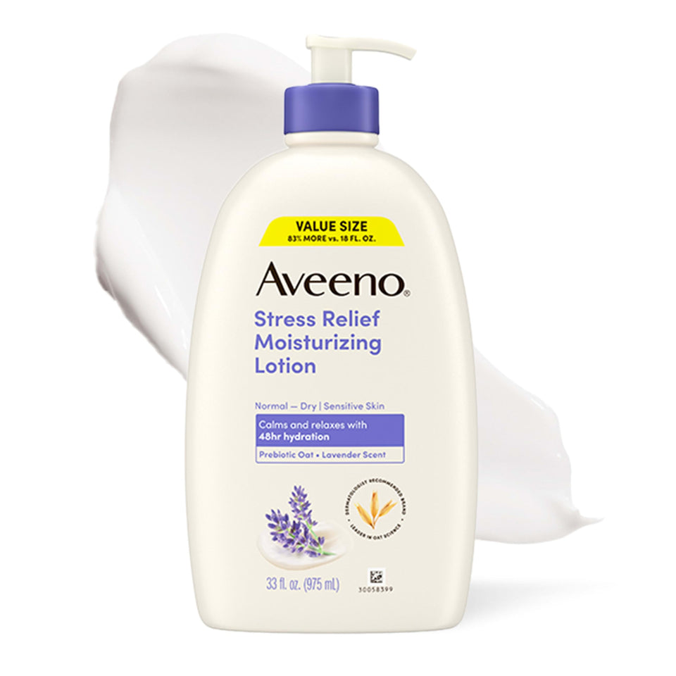 Aveeno front packaging shows product and size, calming lavender benefit
