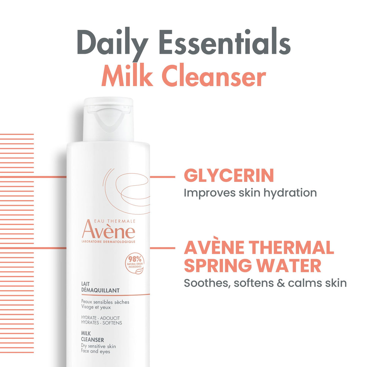 Avène bottle next to hand for scale, highlights 6.7 fl oz travel-friendly benefit