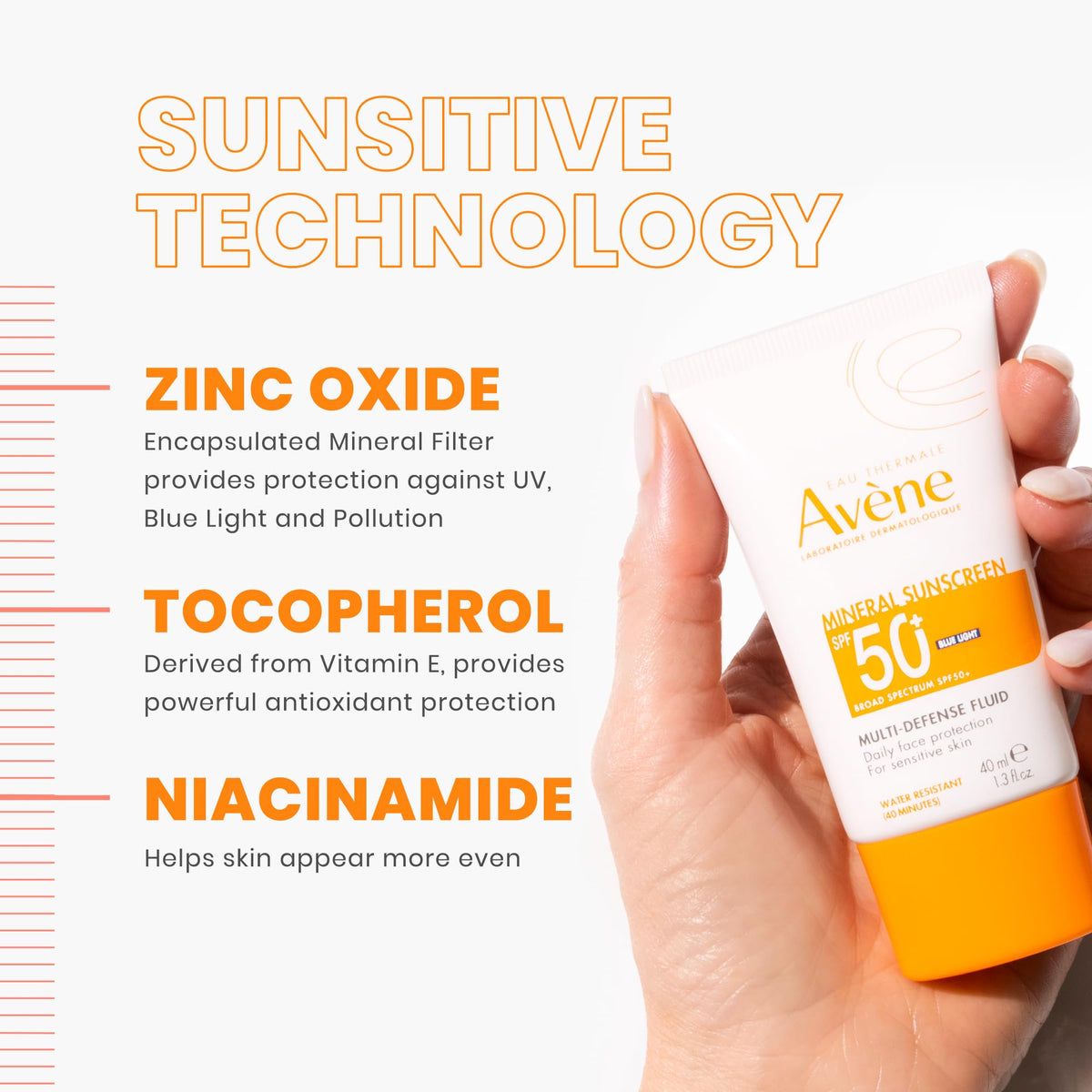 Avène bottle with ingredients label highlighting mineral filters and actives
