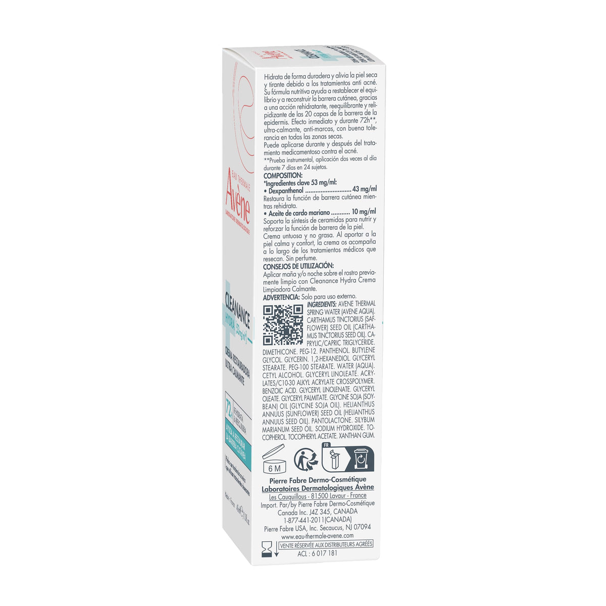 Product label close-up showing Avène tested-on-sensitive-skin and ingredient info