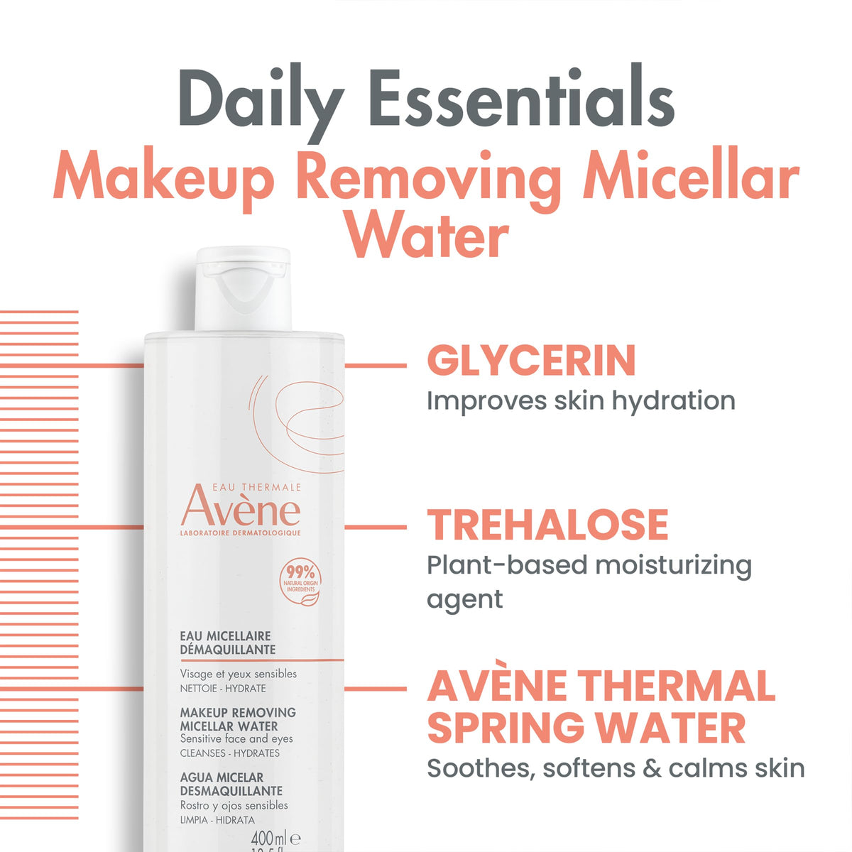 Eau Thermale Avène bottle on bathroom vanity illustrating easy, no-rinse routine