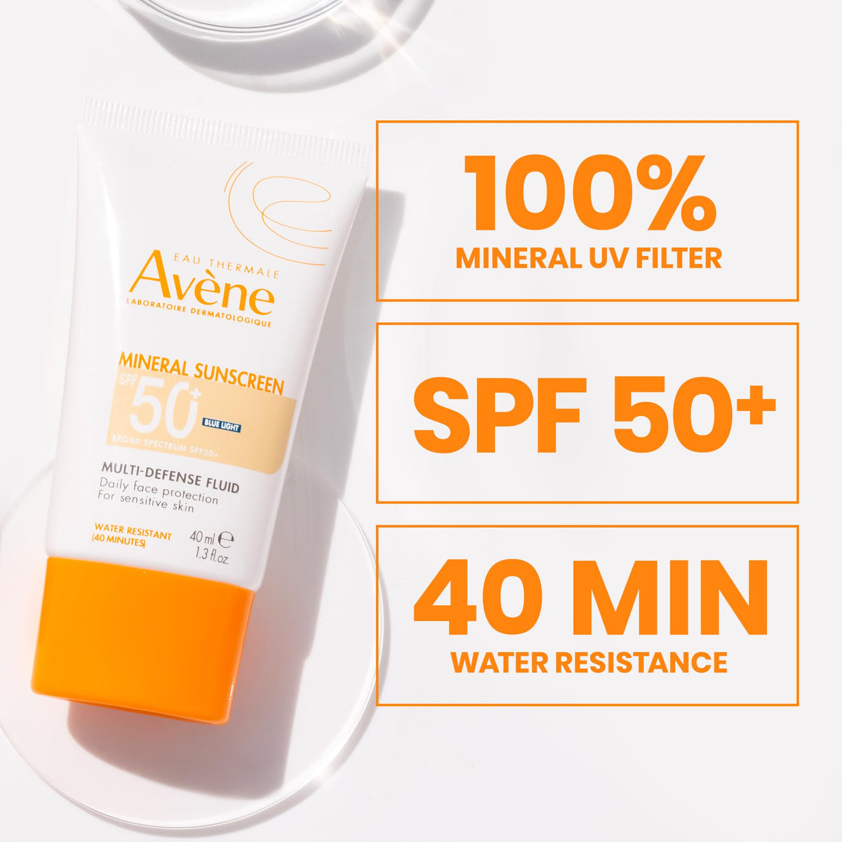 Avène close-up on neck application demonstrating non-whitening finish benefit