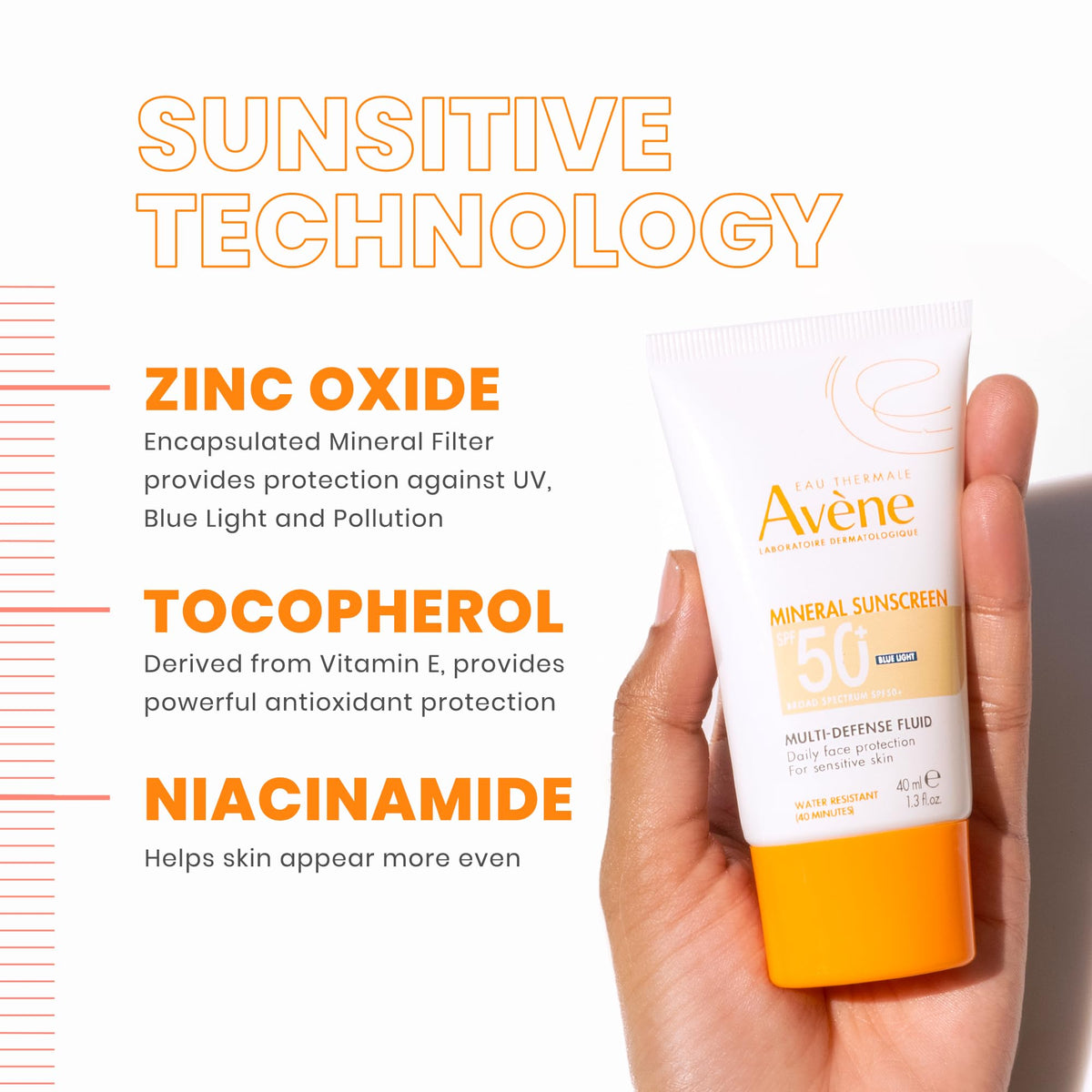 Avène product beside a 1.3 fl oz marker to show portable size benefit