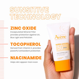 Avène product beside a 1.3 fl oz marker to show portable size benefit