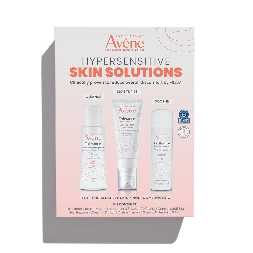 Eau Thermale Avène starter kit front packaging showing all three products and benefits