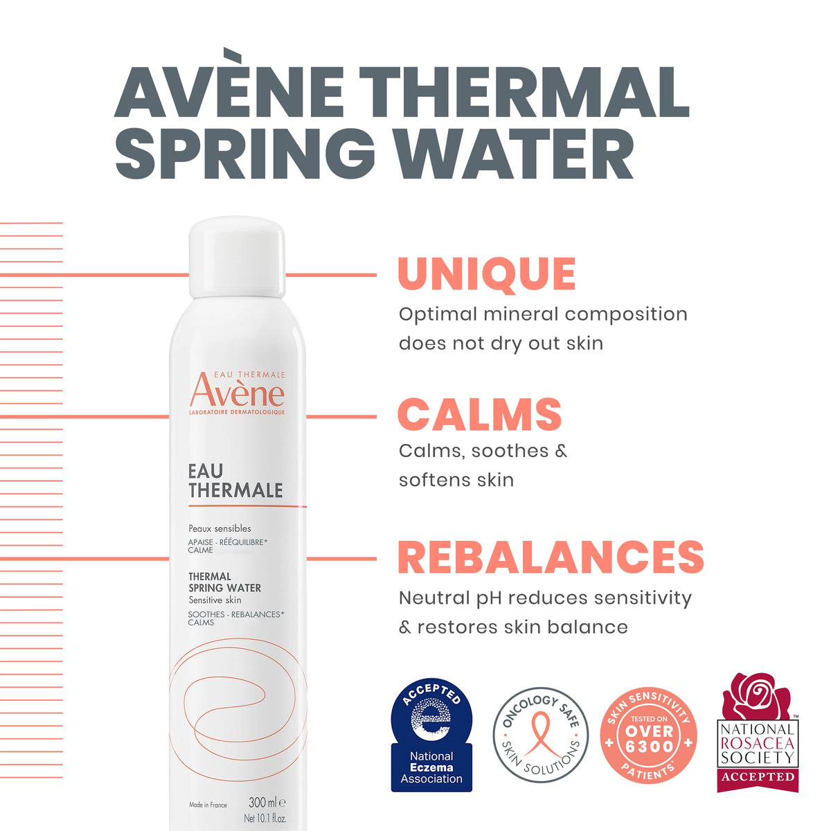 Avène mist landing on cheek demonstrating gentle hydration and reduced redness
