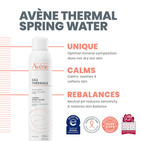 Avène mist landing on cheek demonstrating gentle hydration and reduced redness