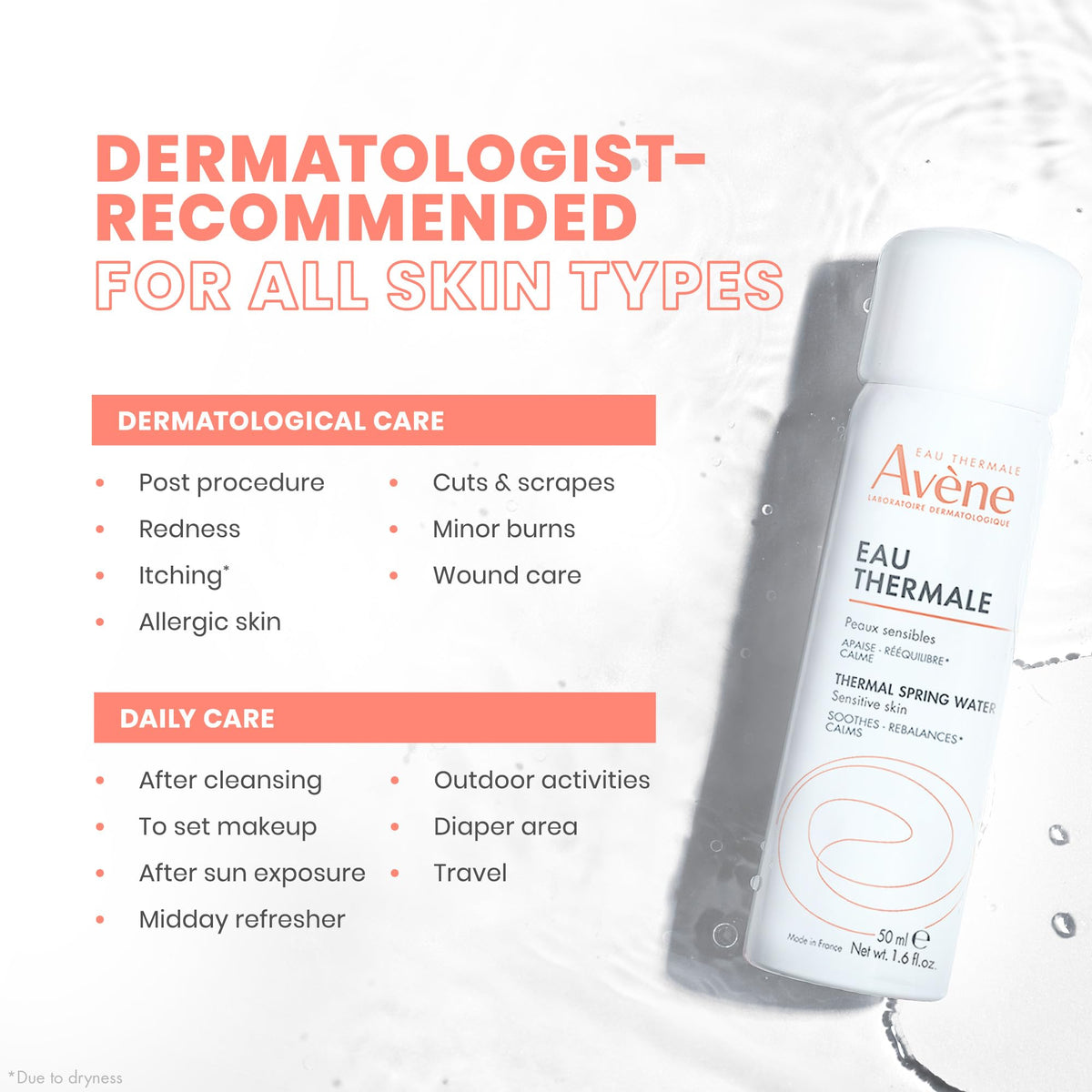 Eau Thermale Avène being applied to face to soothe redness and hydrate skin