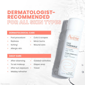 Eau Thermale Avène being applied to face to soothe redness and hydrate skin