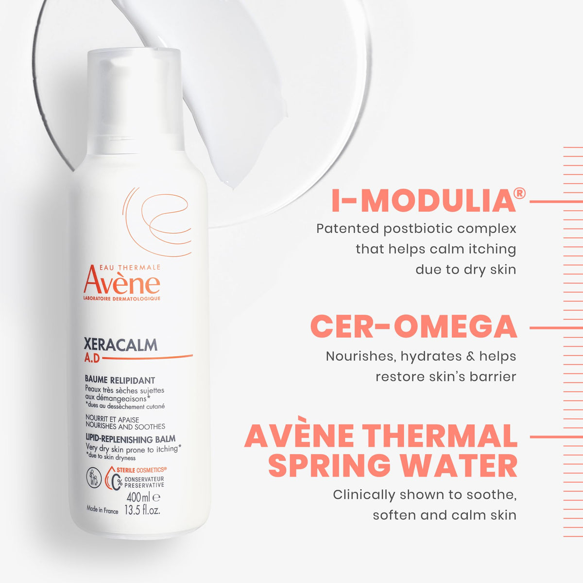 Eau Thermale Avène balm applied to elbow demonstrating calming and barrier support