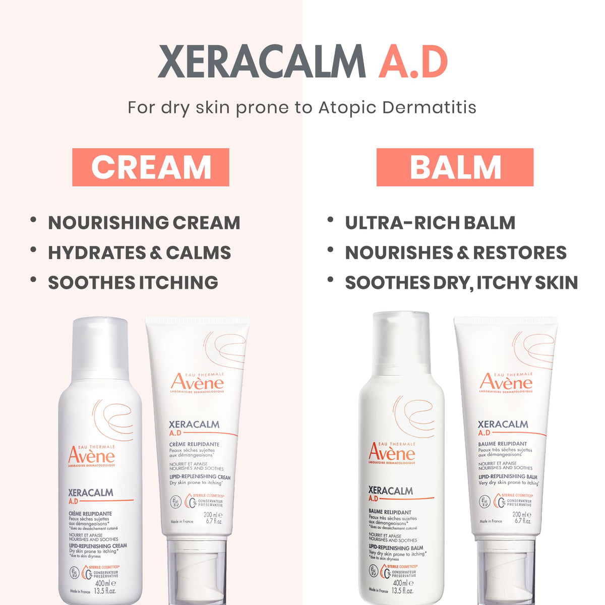 Product label close-up of Avène XeraCalm A.D highlighting key ingredient benefit