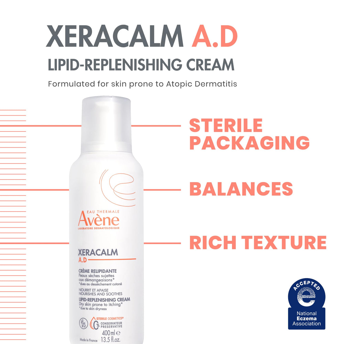 Avène XeraCalm A.D open cap with cream texture for smooth, hydrating application