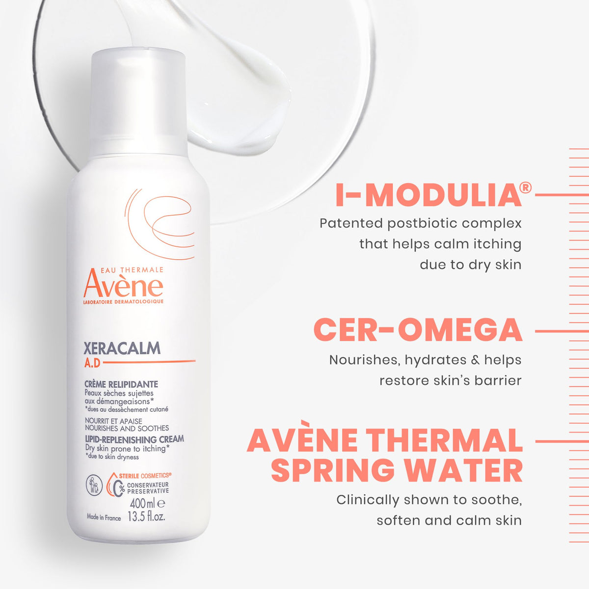 6.7 oz Avène XeraCalm A.D next to common items showing travel-ready size benefit