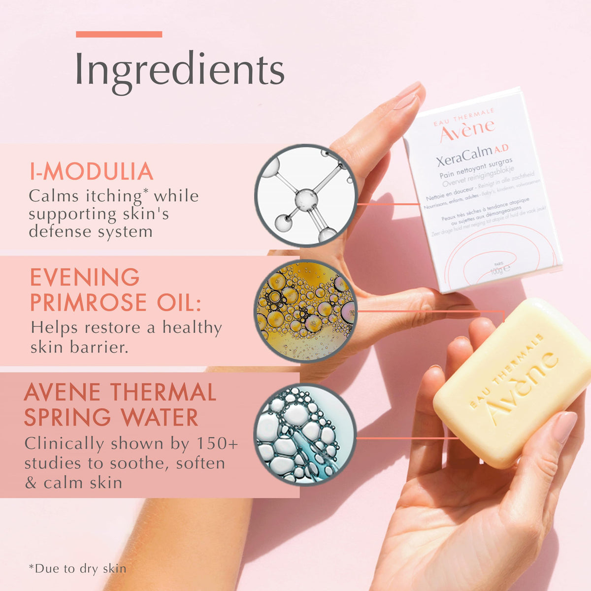 Avène cleansing bar held in hand to show size and travel convenience