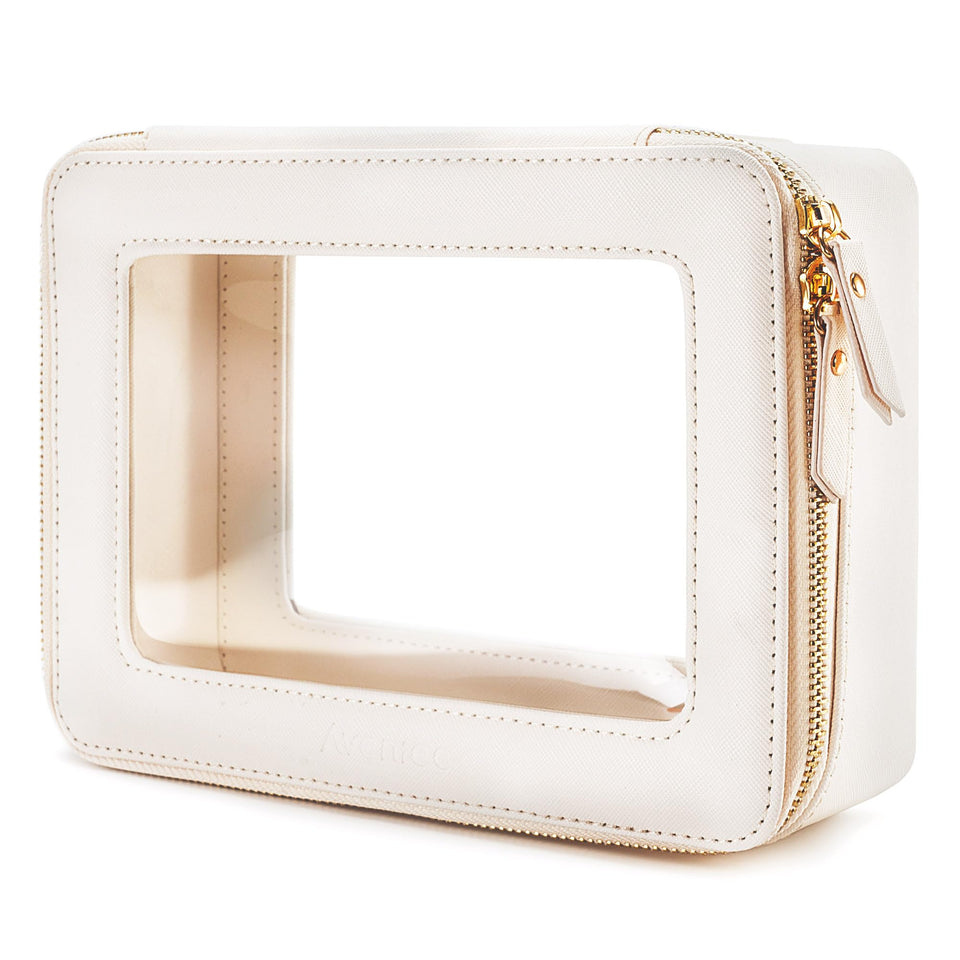 Aveniee front view of clear makeup bag showing quick visibility benefit
