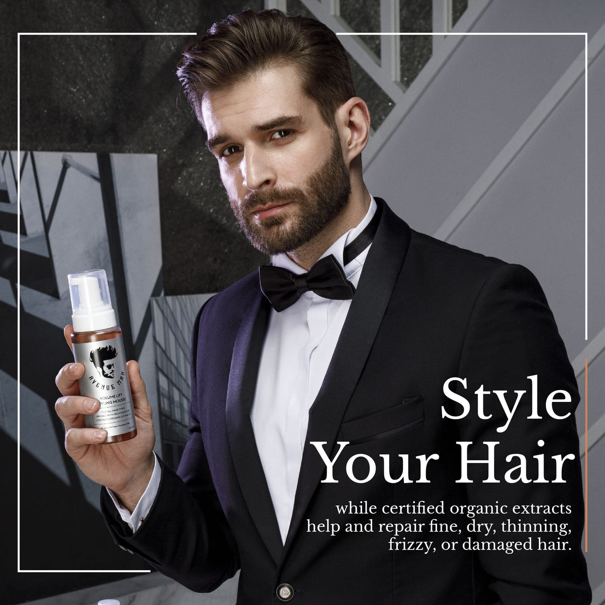 Avenue Man styling in action with blow dryer for lifted root volume benefit