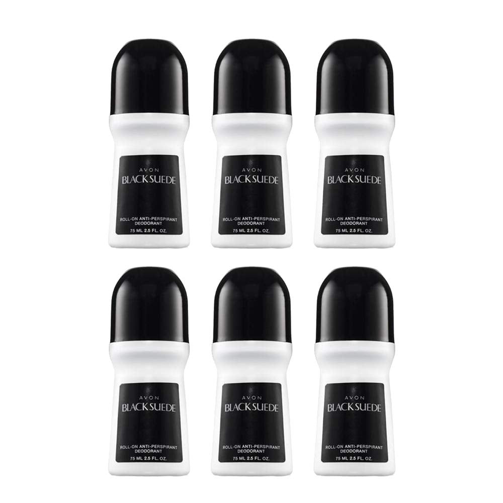 AVON Black Suede front packaging showing six bottles and branding benefit bulk value