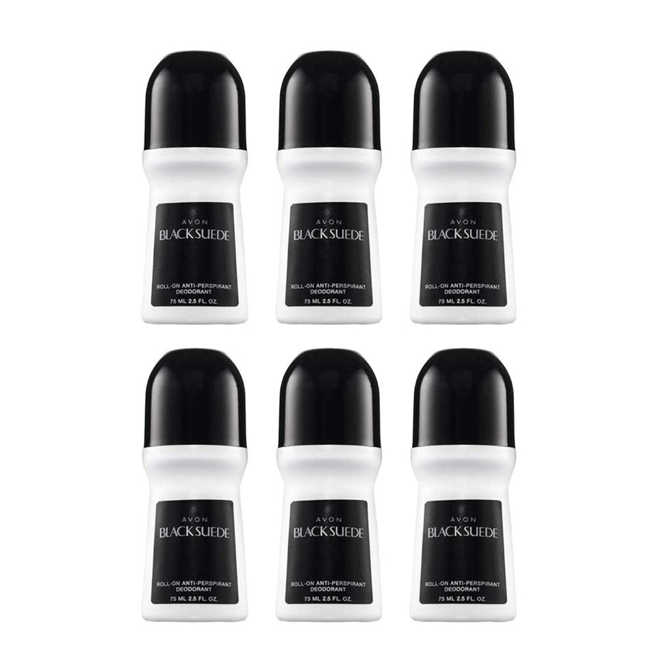 AVON Black Suede front packaging showing six bottles and branding benefit bulk value