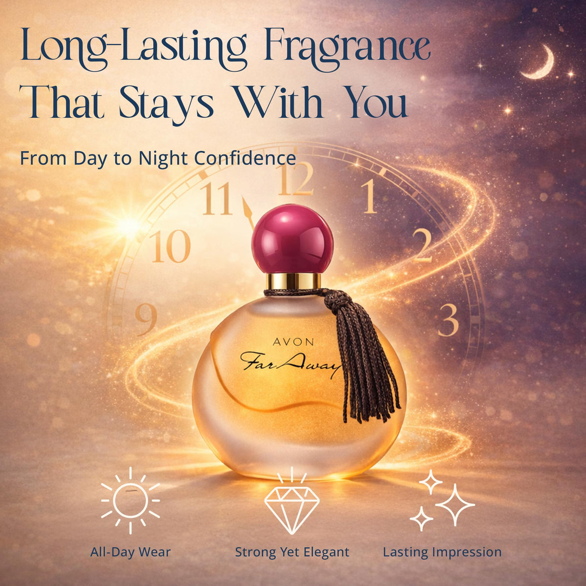 AVON Far Away fragrance notes display of peach, freesia, rose and amber benefits