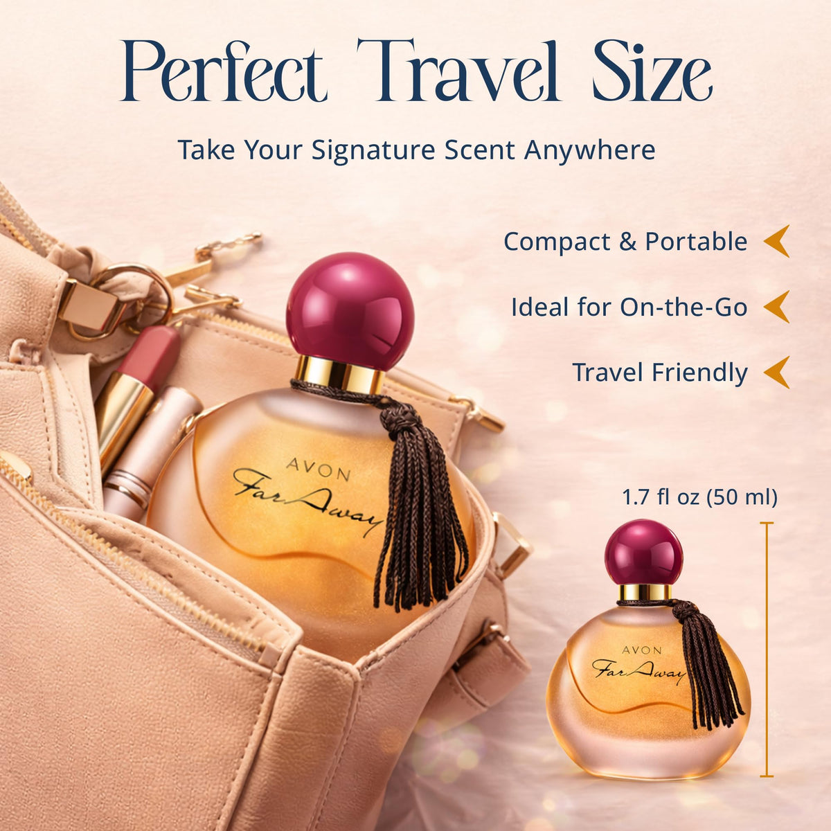 AVON Far Away tucked inside a travel pouch showing portability and protection