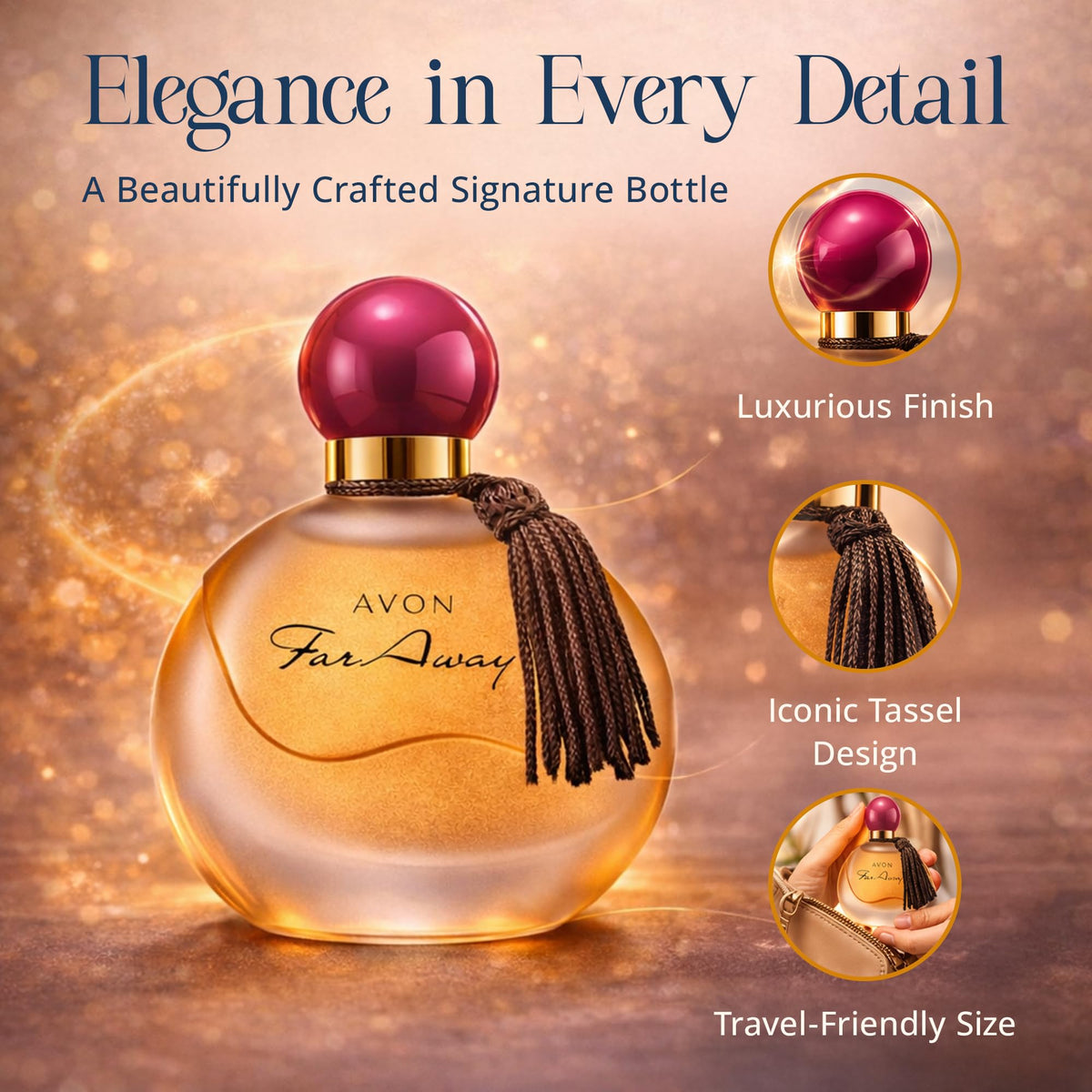 AVON Far Away on a vanity with jewelry showing stylish display and daily use