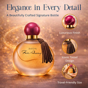 AVON Far Away on a vanity with jewelry showing stylish display and daily use