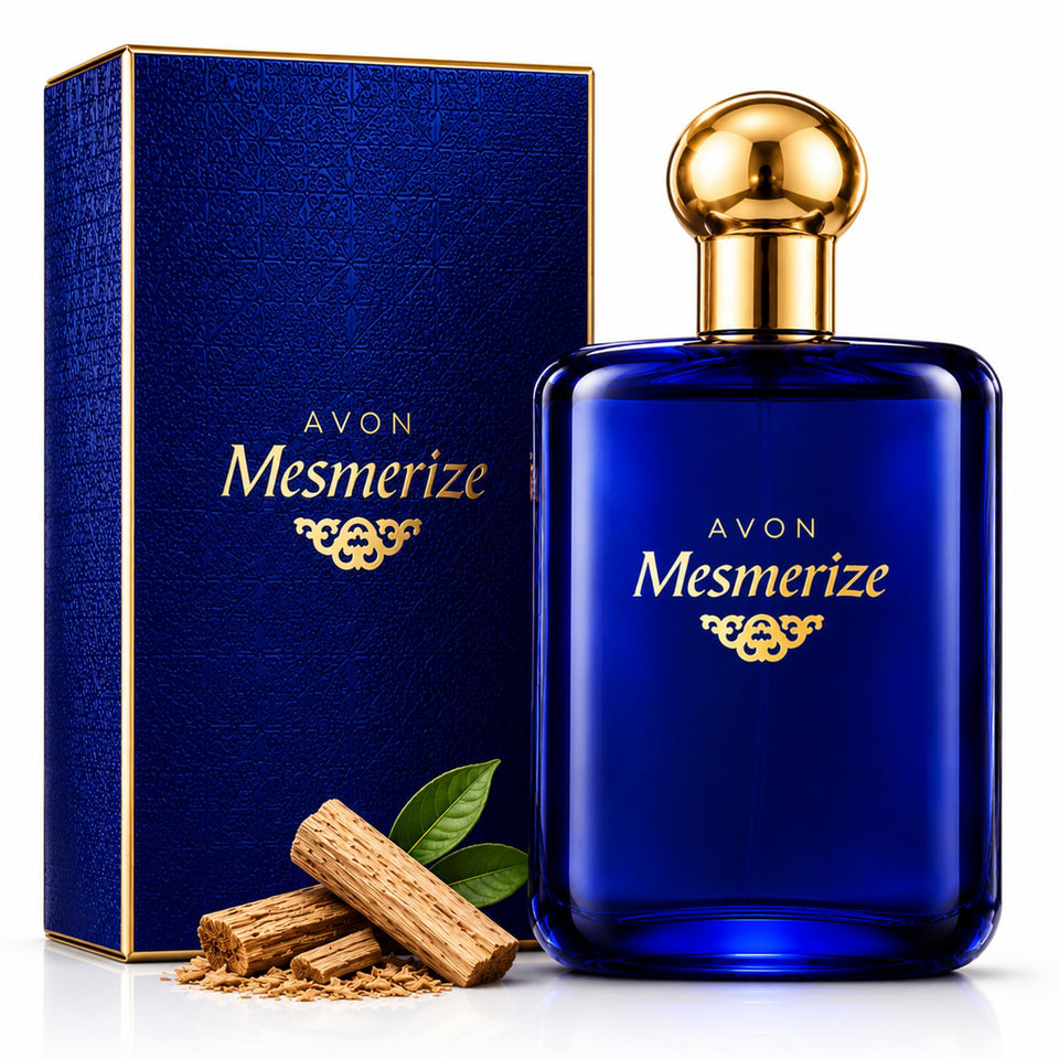 AVON Mesmerize front bottle showing deep-blue design and refined look benefits gifting