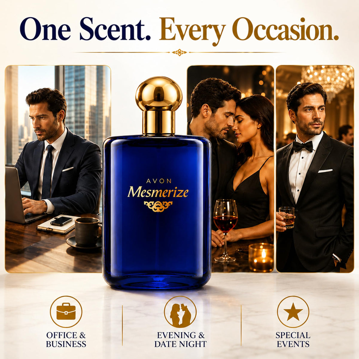 AVON Mesmerize styled on a dresser demonstrating everyday placement and aesthetic benefit
