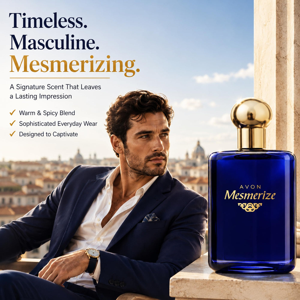 AVON Mesmerize side profile highlighting bottle shape and travel-friendly size benefit