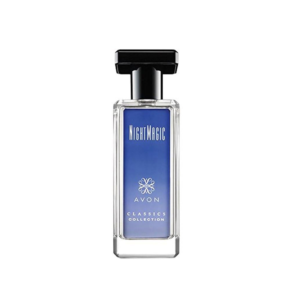AVON Night Magic front bottle showing elegant glass and cap, conveys sophistication