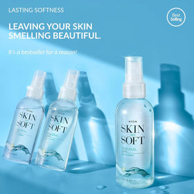 AVON SKIN SO SOFT spray applied to hair ends illustrating added shine