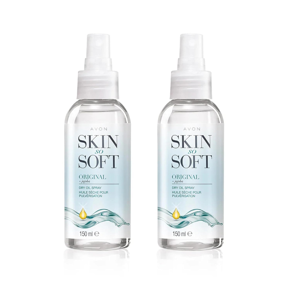 AVON SKIN SO SOFT front packaging showing two 150ml bottles and benefits