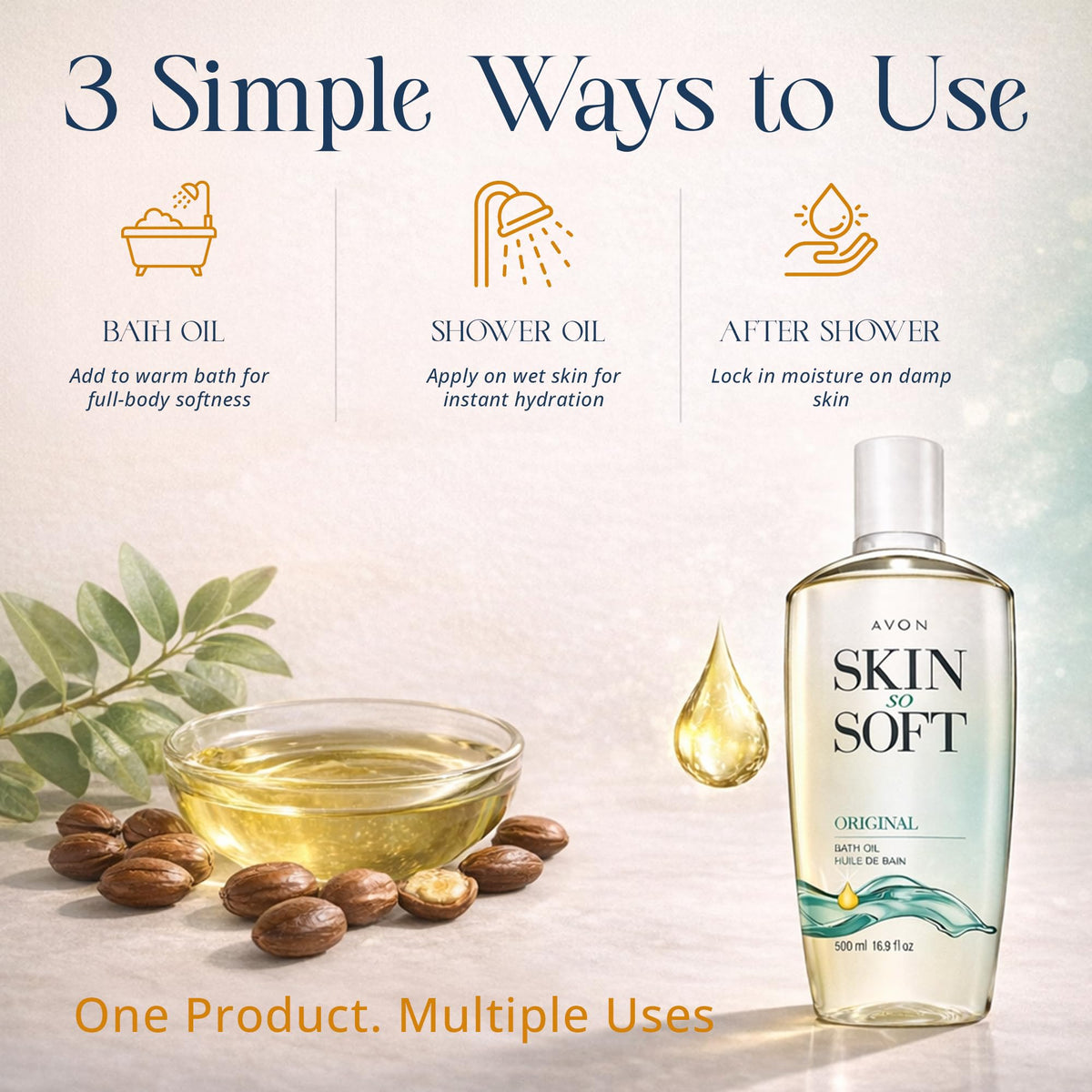 AVON Skin So Soft applied to damp skin after shower illustrating smooth finish