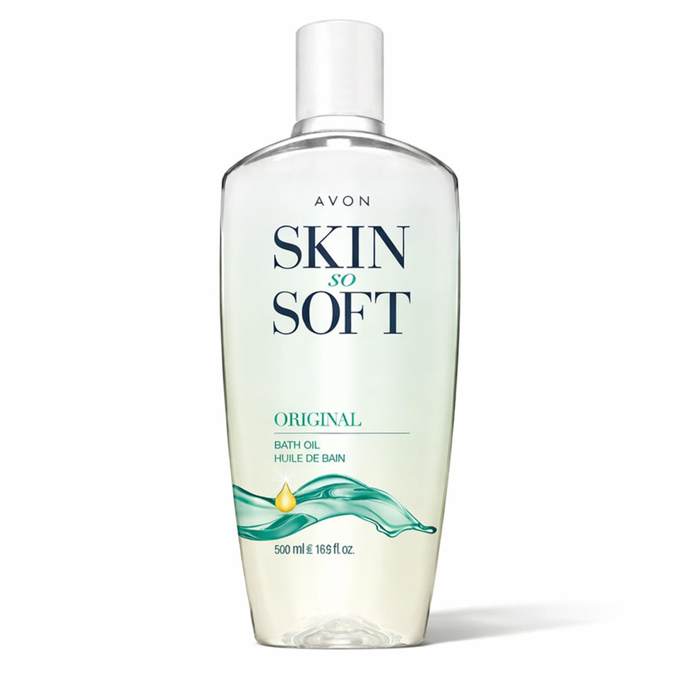 AVON Skin So Soft front packaging showing bottle and logo for trusted hydration