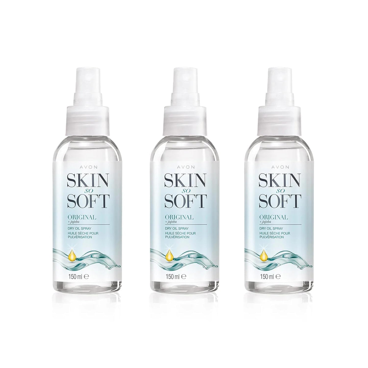 AVON SKIN SO SOFT front packaging showing three bottles and benefits