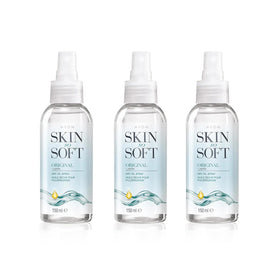 AVON SKIN SO SOFT front packaging showing three bottles and benefits