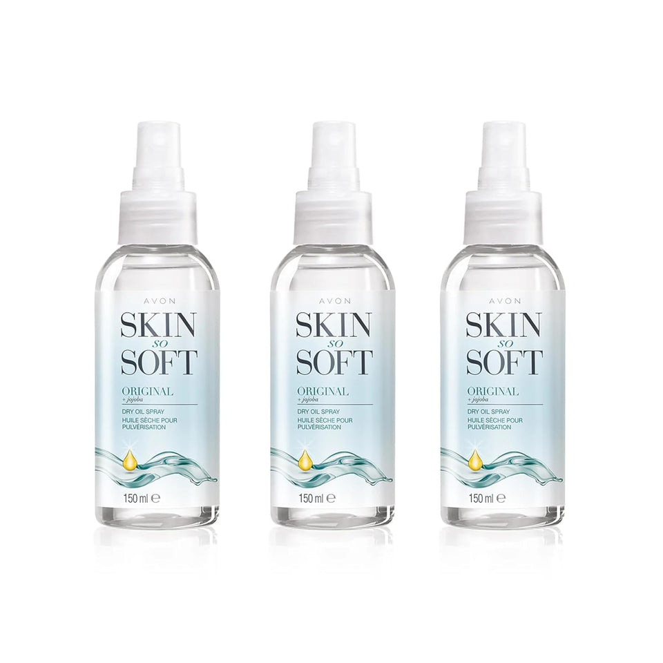 AVON SKIN SO SOFT front packaging showing three bottles and benefits