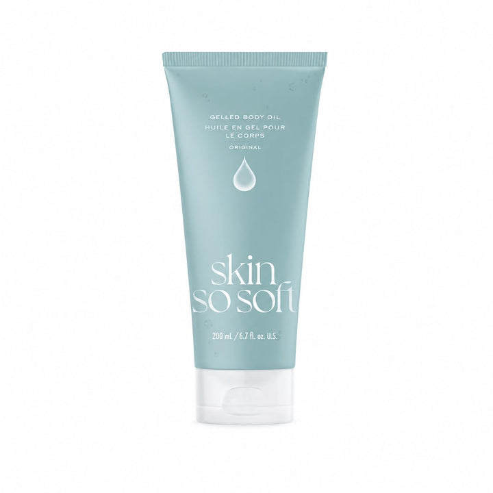 AVON Skin So Soft front tube showing label and new packaging, highlights travel-friendly size