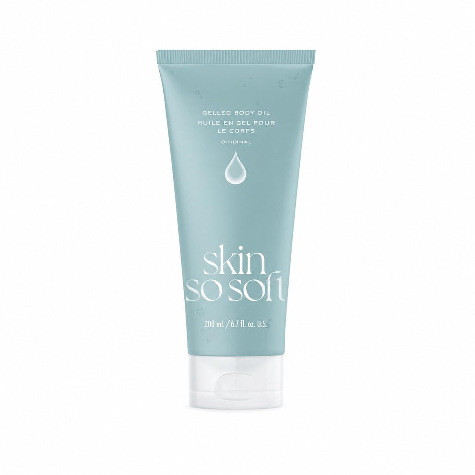 AVON Skin So Soft front tube showing label and new packaging, highlights travel-friendly size