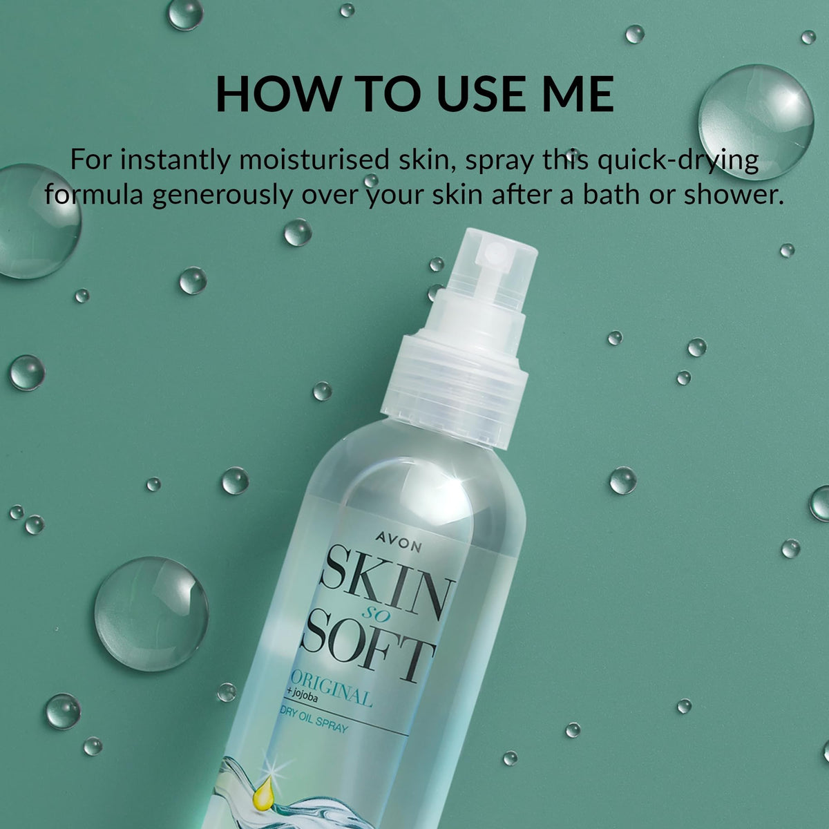 AVON SKIN SO SOFT hair ends application demonstrating shine and frizz control without weight