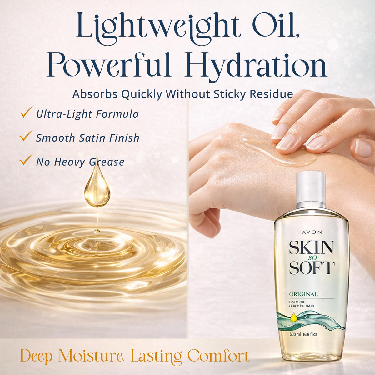 AVON Skin So Soft added to bath water showing soothing, hydrating soak