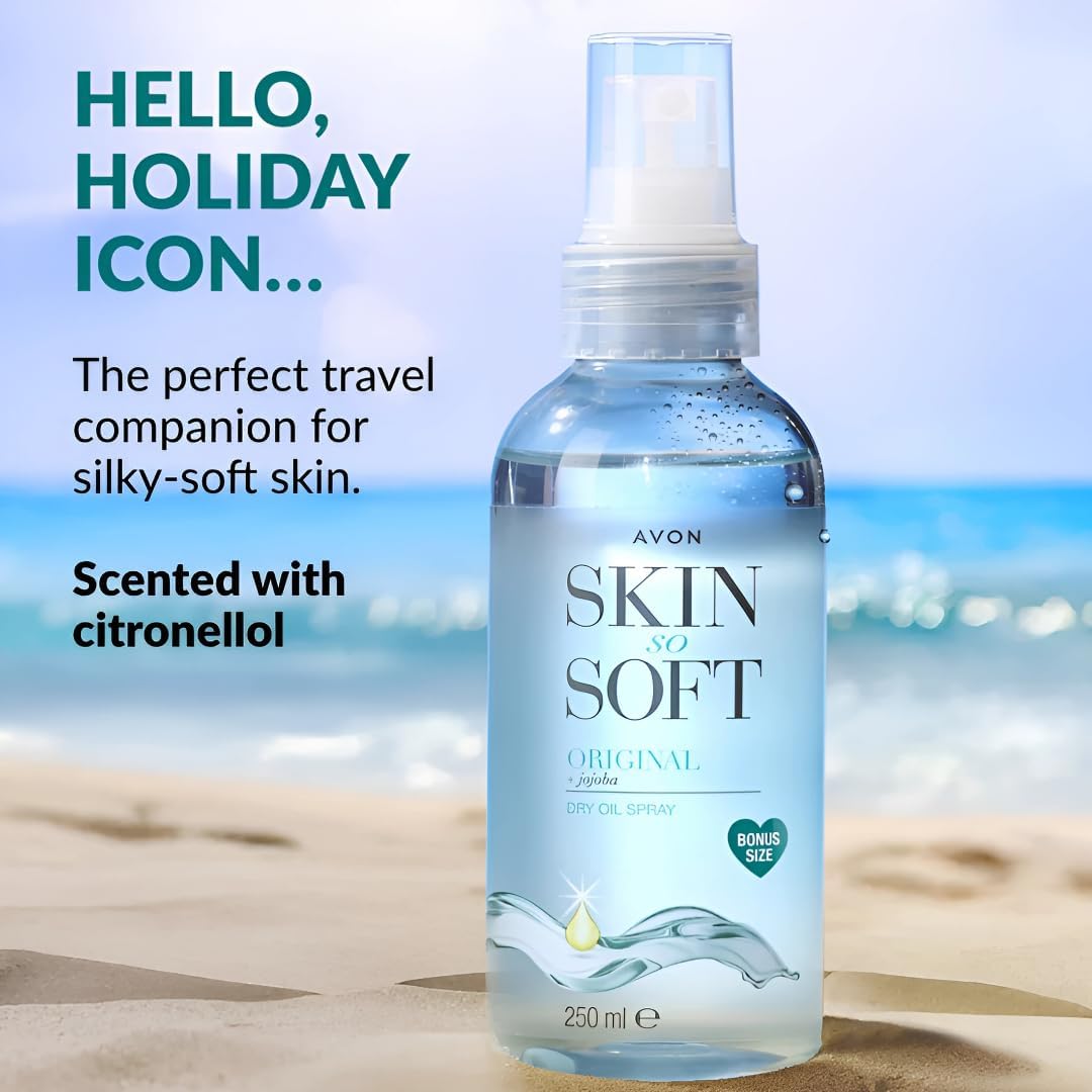 AVON SKIN SO SOFT being sprayed onto forearm for quick hydration